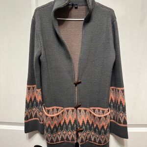 Split Gray and coral Cardigan with Geometric Trim